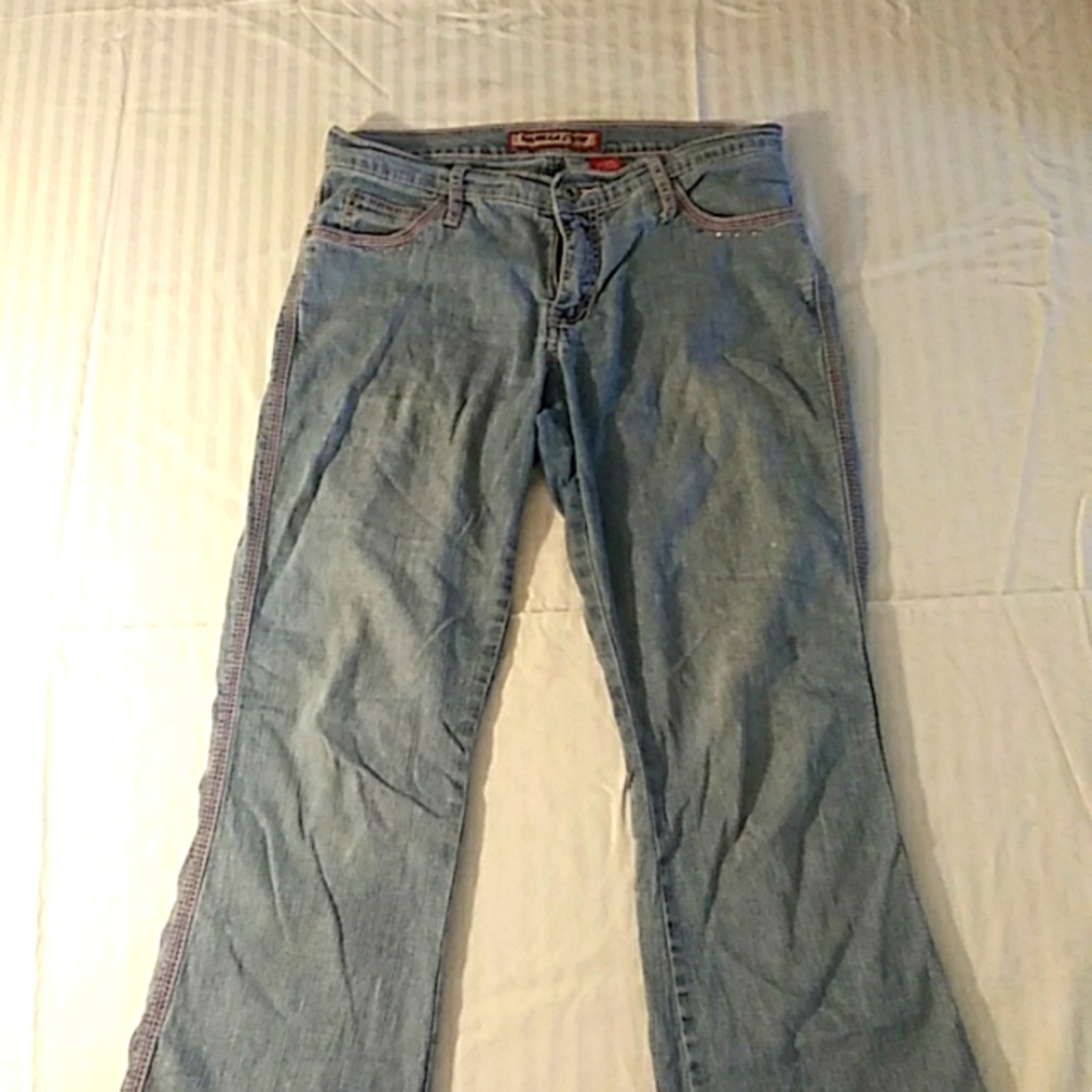 Vanilla Star Junior Size 7 Blue Jeans w/ pink stitch Flared